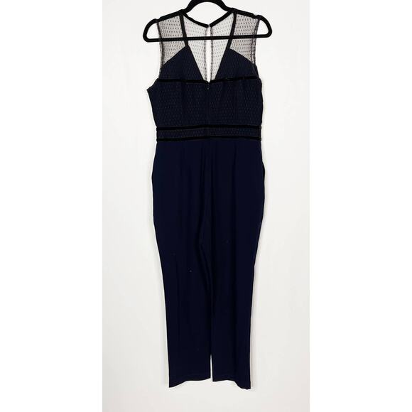 Harlyn Large L Navy Blue Black Lace Illusion Neck Jumpsuit Sleeveless Overlay - Picture 2 of 12